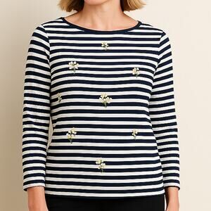 Talbots Navy White Striped Daisy Embroidered Top Women’s M 100% Cotton